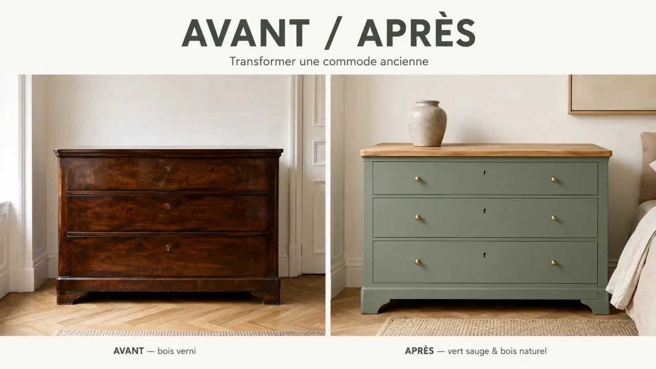 Idée de couleur pour repeindre un meuble en bois : commode avant après en vert sauge