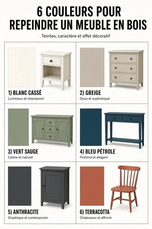 Idée de couleur pour repeindre un meuble en bois avec palette de teintes et effets déco