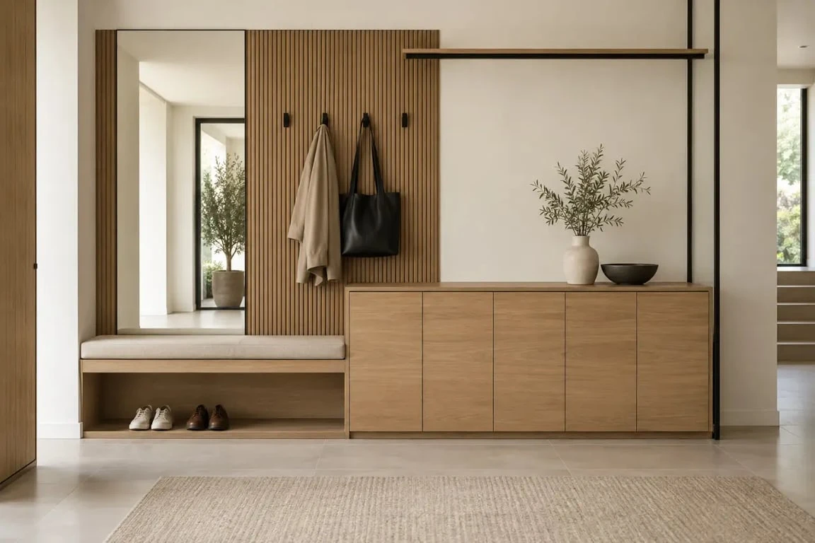 Meuble d'entrée en bois dans un hall spacieux avec rangement fermé et banc