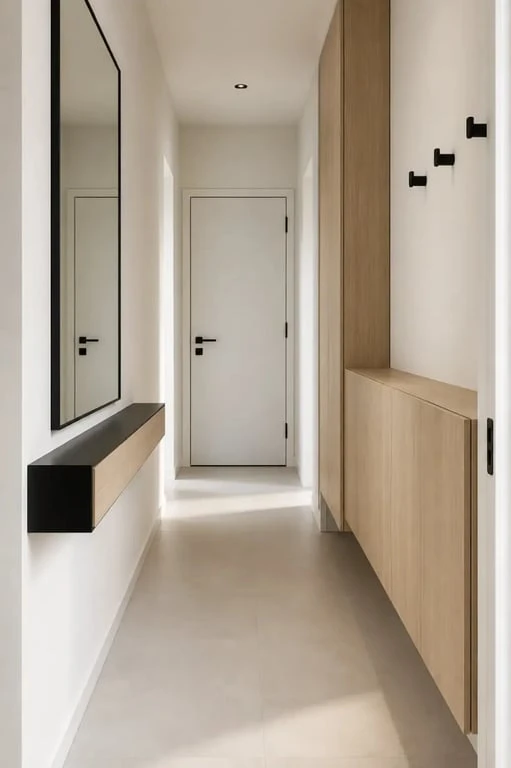 Meuble d'entrée en bois suspendu dans un couloir étroit avec miroir et patères