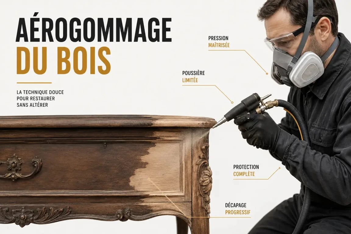Sabler meuble en bois avec aérogommage dans un atelier, en portant les protections adaptées