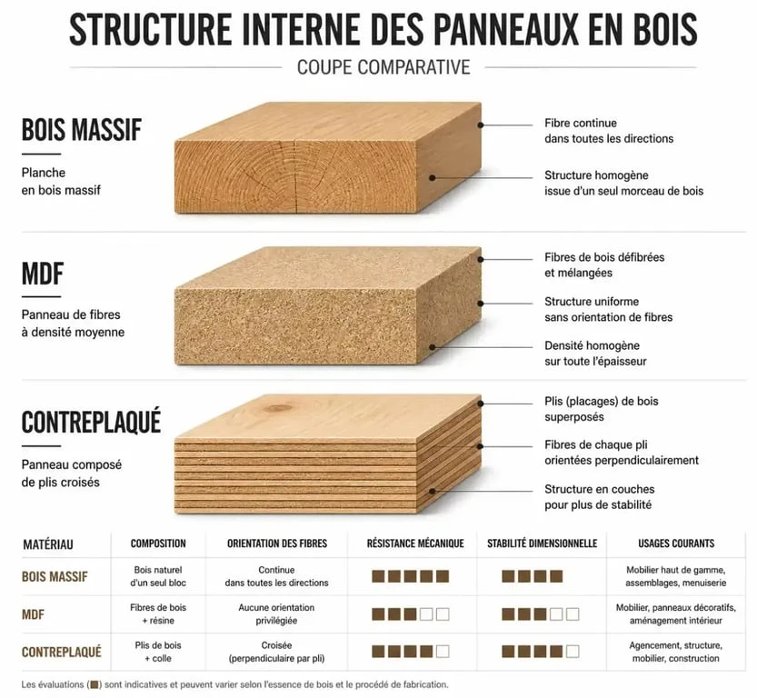 Structure interne : bois massif vs MDF vs contreplaqué pour meuble en bois massif