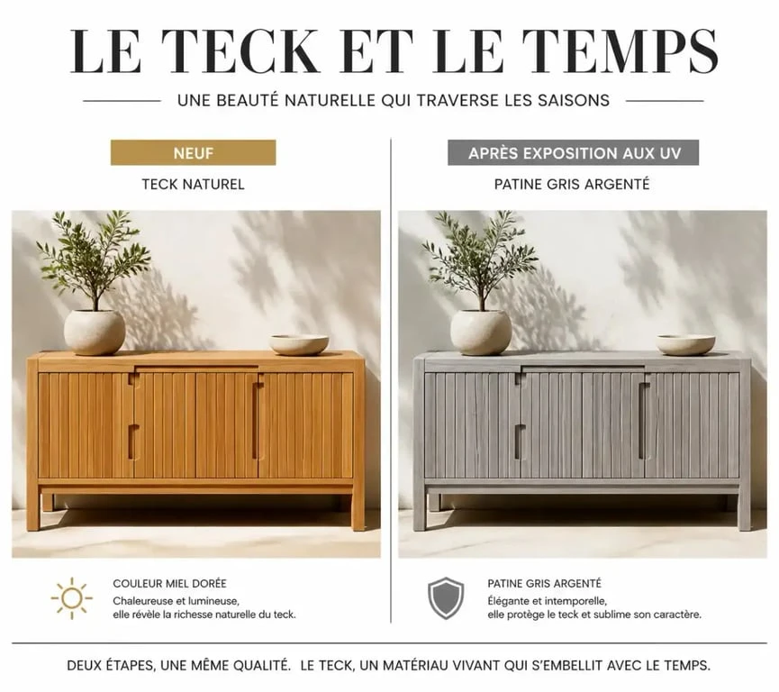 Évolution de la couleur du meuble teck : du neuf à la patine grise