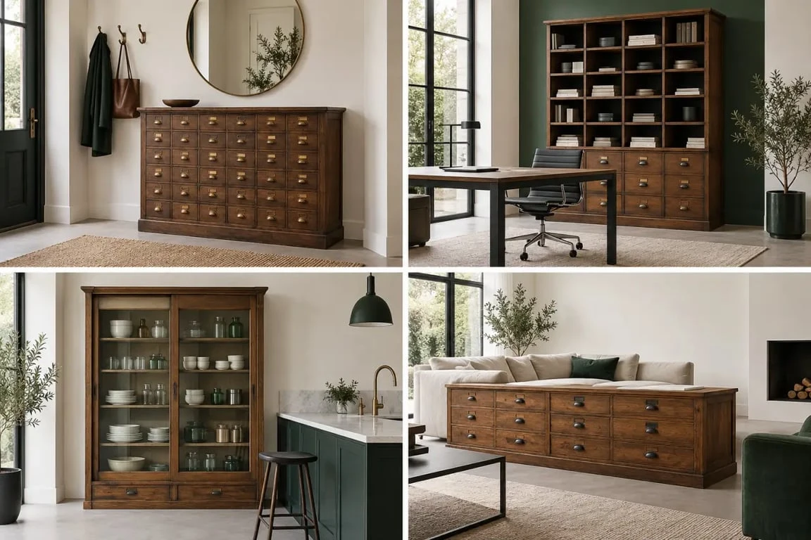 Différents formats de meuble de métier en bois adaptés à l’entrée, au bureau, à la cuisine et au salon
