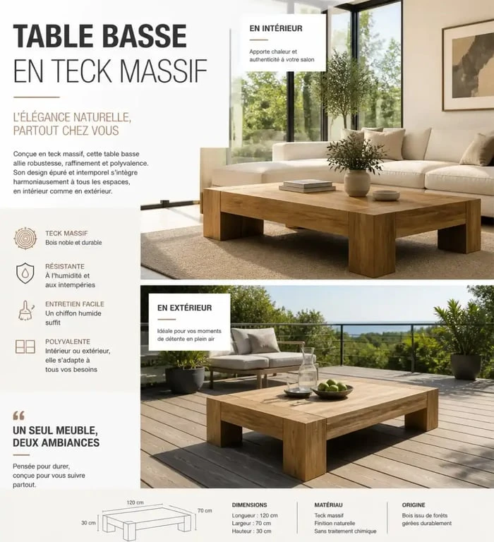Table basse teck : usage intérieur et extérieur