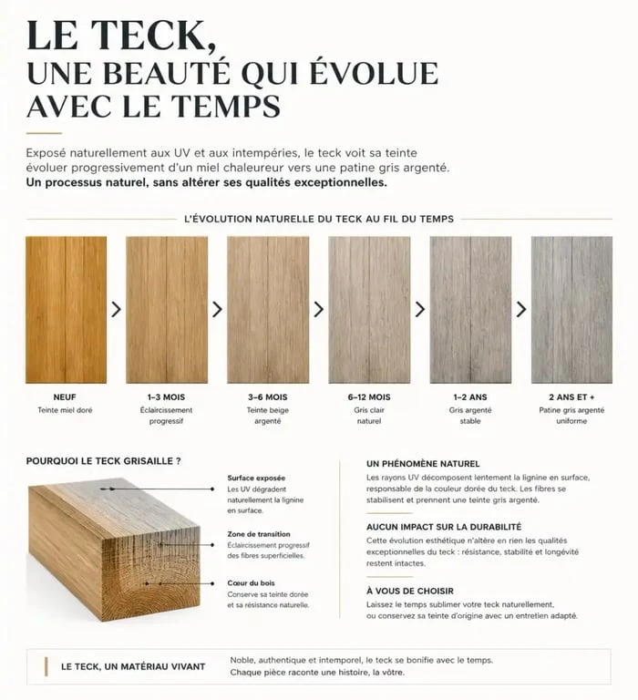 Évolution naturelle du teck : teinte miel vs patine grisée pour table basse teck