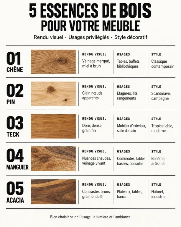 Infographie comparative des essences pour choisir un meuble en bois