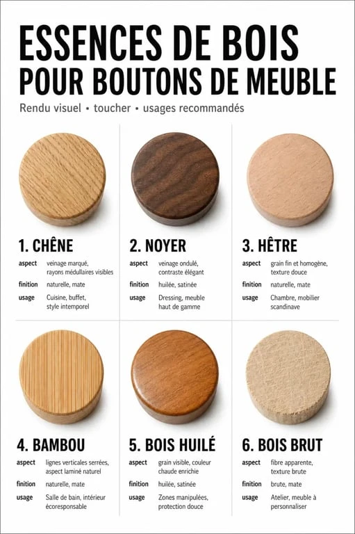 Comparaison des essences pour bouton en bois pour meuble selon le rendu et l’usage