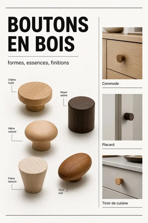 Bouton en bois pour meuble présenté sur plusieurs meubles avec différentes essences et finitions