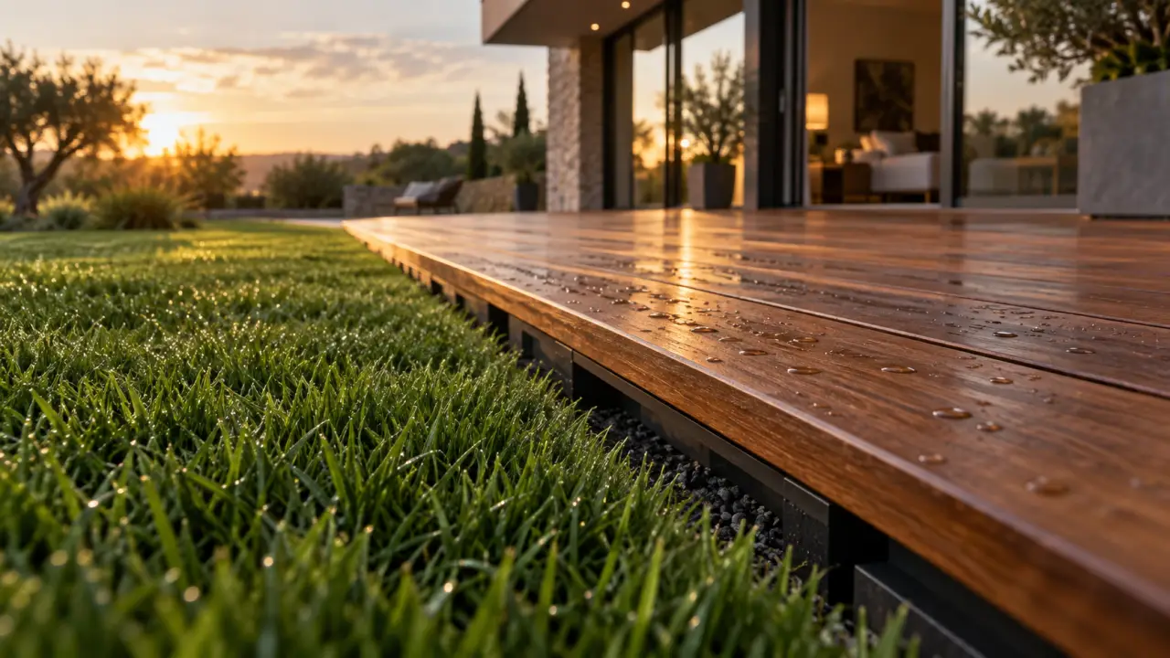 Les plus belles terrasse en bois : lames bois, jonction nette avec pelouse