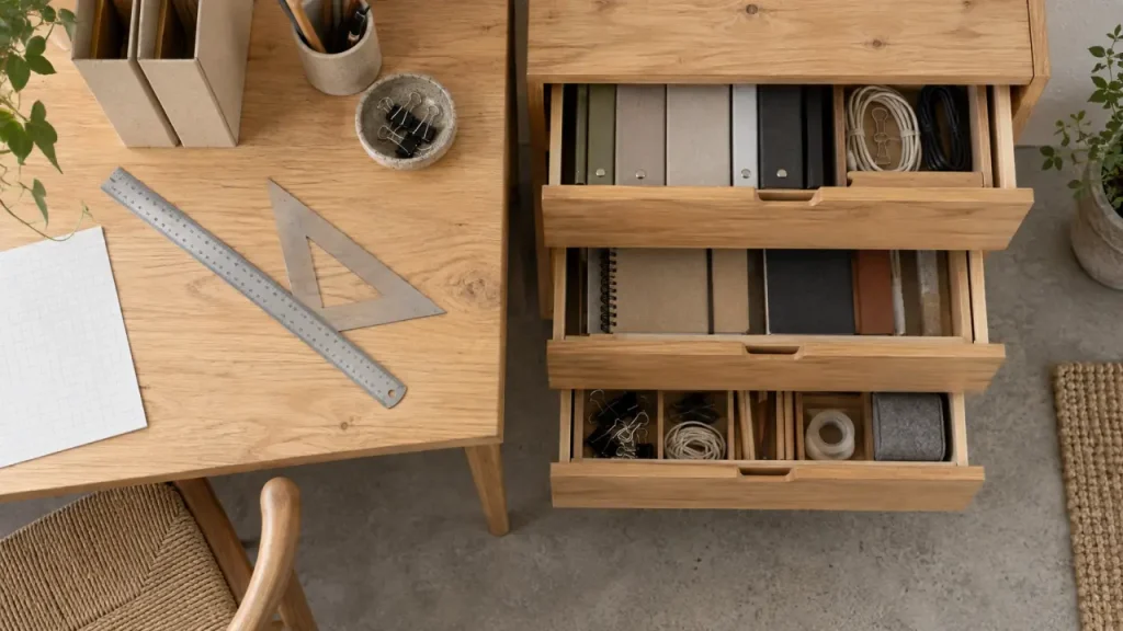 Le meuble à tiroirs en bois libère le bureau, à condition de choisir le bon format
