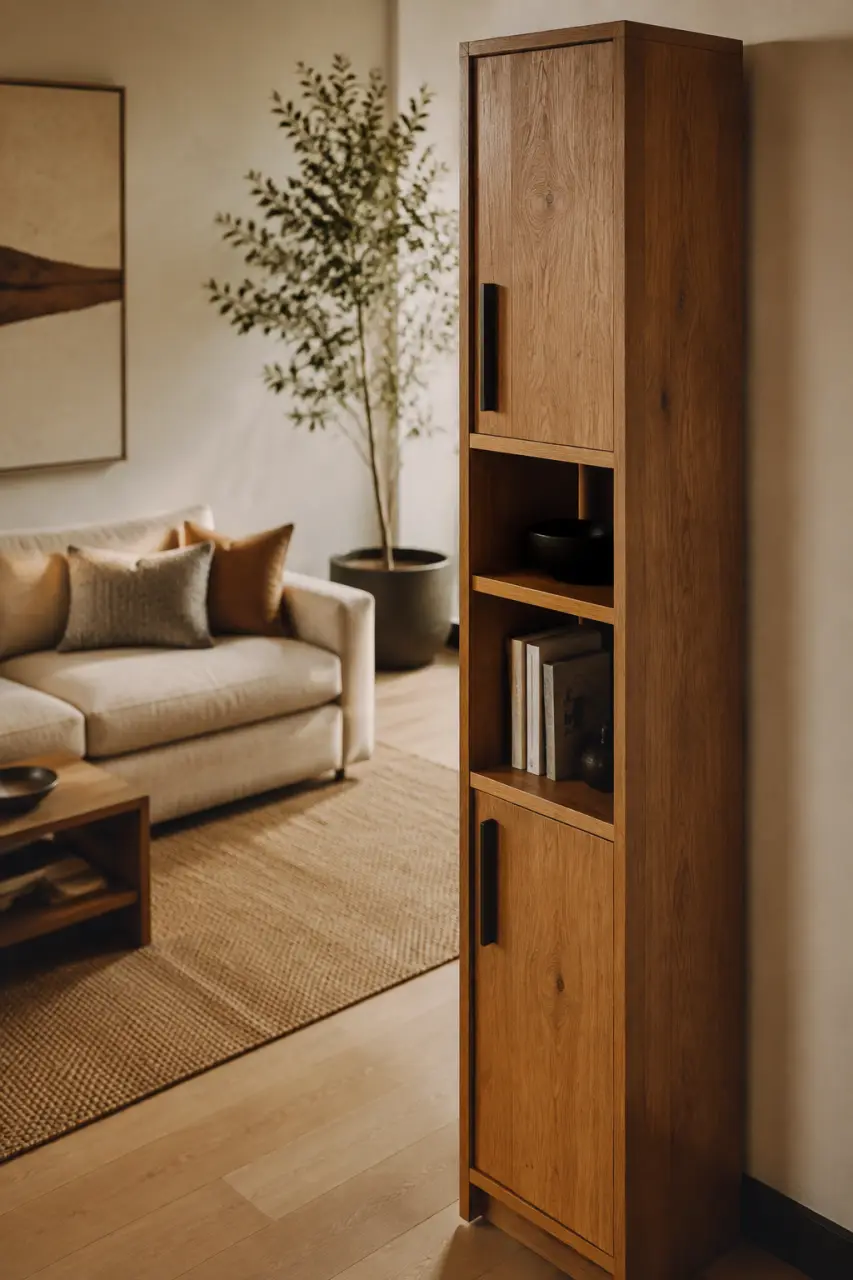 Meuble colonne en bois haute et étroite pour rangement