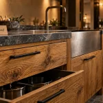 Meuble de cuisine en bois massif 70 cm de passage, façade chêne et tiroirs