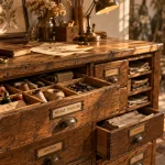 Meuble de metier en bois d’atelier ancien restauré, détails en chêne