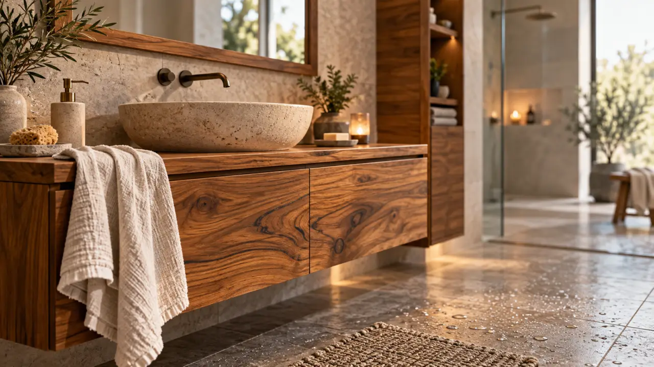 Meuble de salle de bains en bois teck, résistant à l’humidité