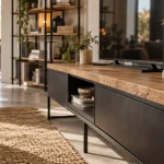Meuble en acier et bois, acier noir mat et plateau en chêne massif