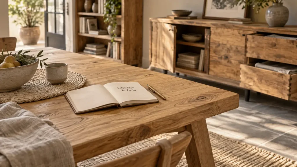 Meuble en bois : table en chêne, grain du bois visible