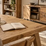 Meuble en bois : table en chêne, grain du bois visible