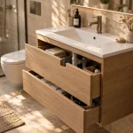Meuble sous lavabo en bois en salle de bain étroite, largeur idéale, passage siphon