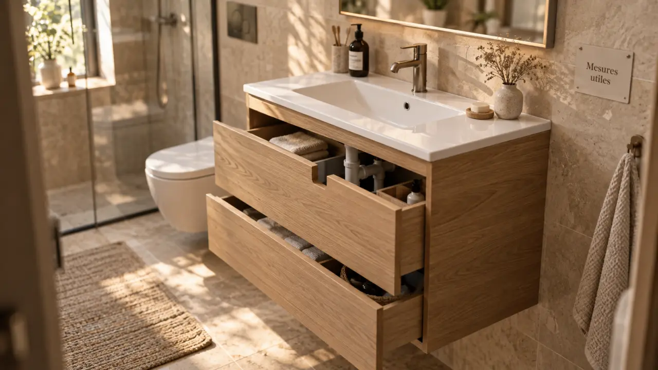 Meuble sous lavabo en bois en salle de bain étroite, largeur idéale, passage siphon