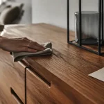Meuble teck massif, chiffon et patine sur buffet teck dans un salon contemporain