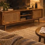 Meuble tv en bois vintage dans un salon, ambiance chaleureuse, dimensions adaptées
