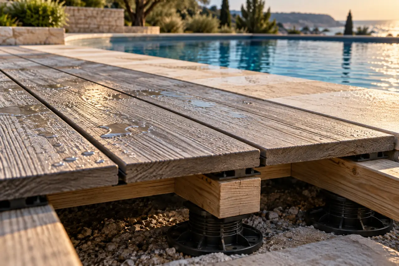 Piscine terrasse bois durable : lames avec jeu de dilatation et ventilation