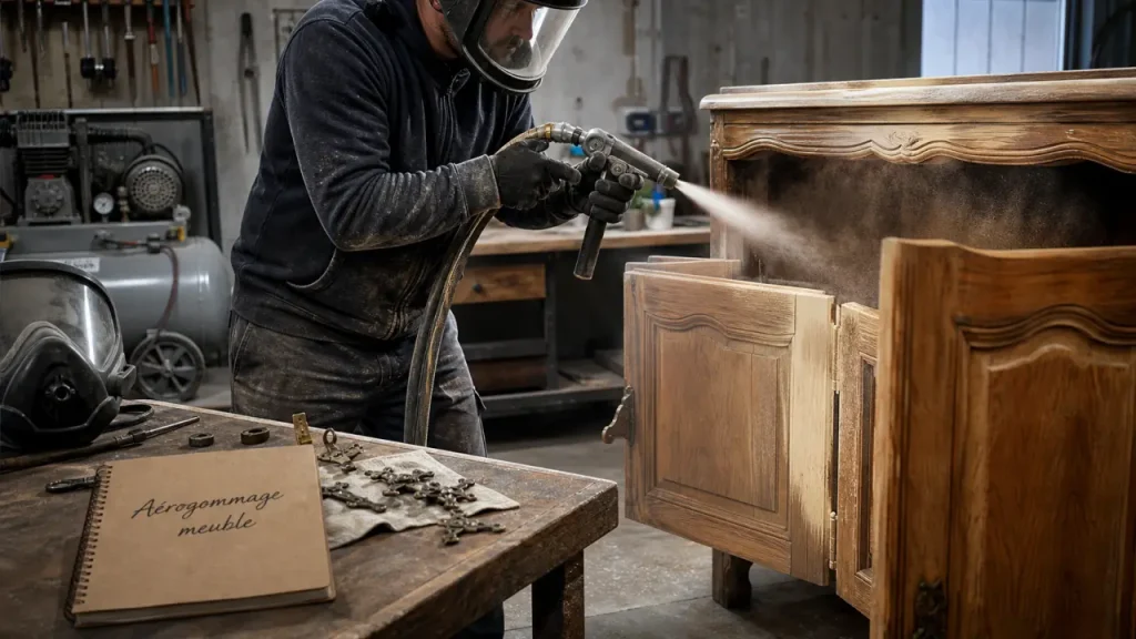 Sabler un meuble en bois sans le creuser : choisir l’aérogommage, l’abrasif et la bonne pression