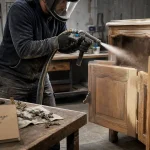 Aérogommage pour sabler meuble en bois sans creuser, projection d’abrasif en atelier