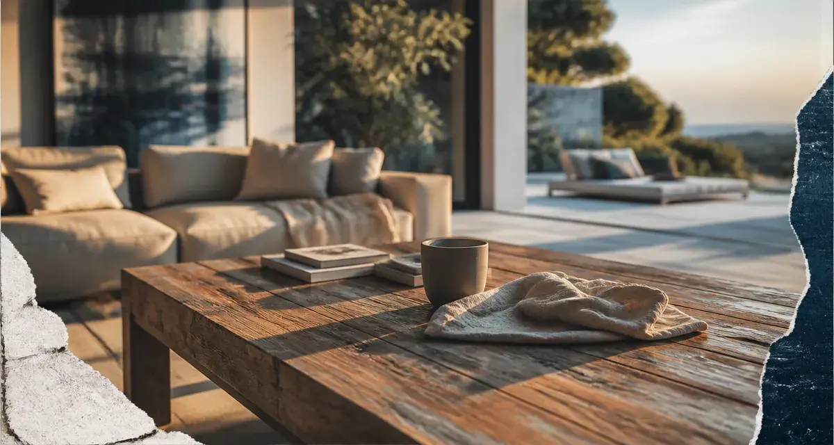 Table basse teck massive sur terrasse, salon contemporain.