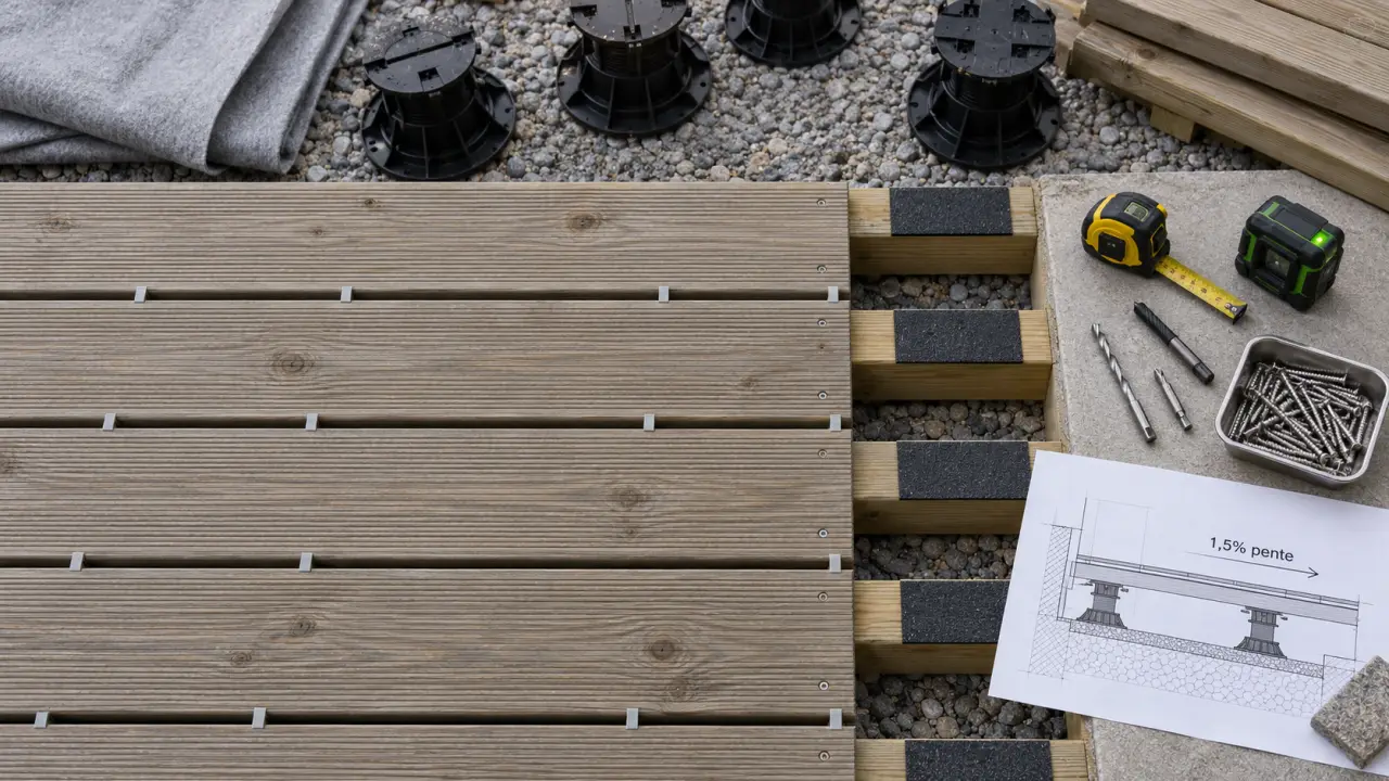Repères pour poser une terrasse en bois : 1,5 % de pente et 5 mm de jeu