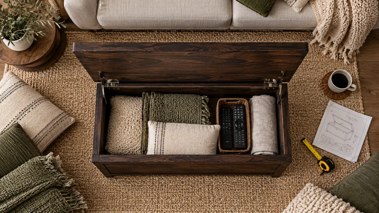 Coffre table basse ouvert : rangement sans bloquer le plateau