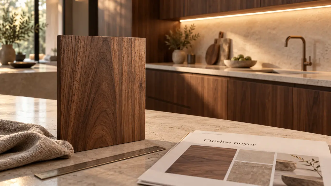Cuisine noyer : échantillon noyer mat et plan clair