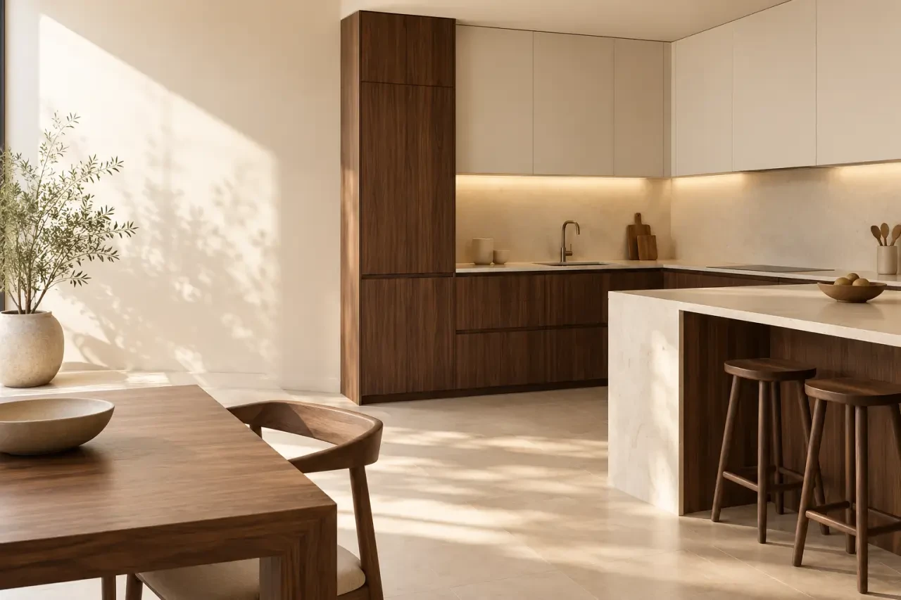 Cuisine noyer contemporaine avec meubles bas foncés et surfaces claires