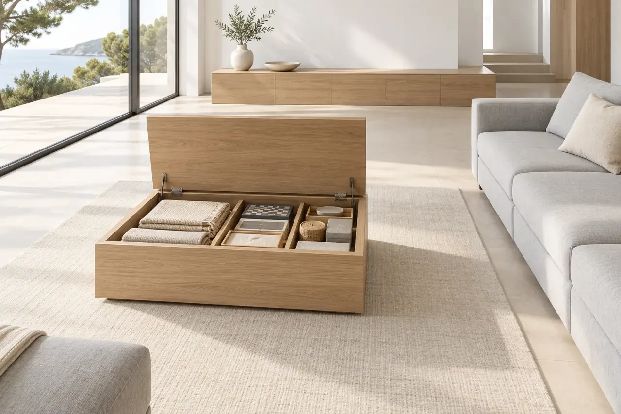 Coffre table basse ouvert avec rangement de plaids et jeux dans un salon