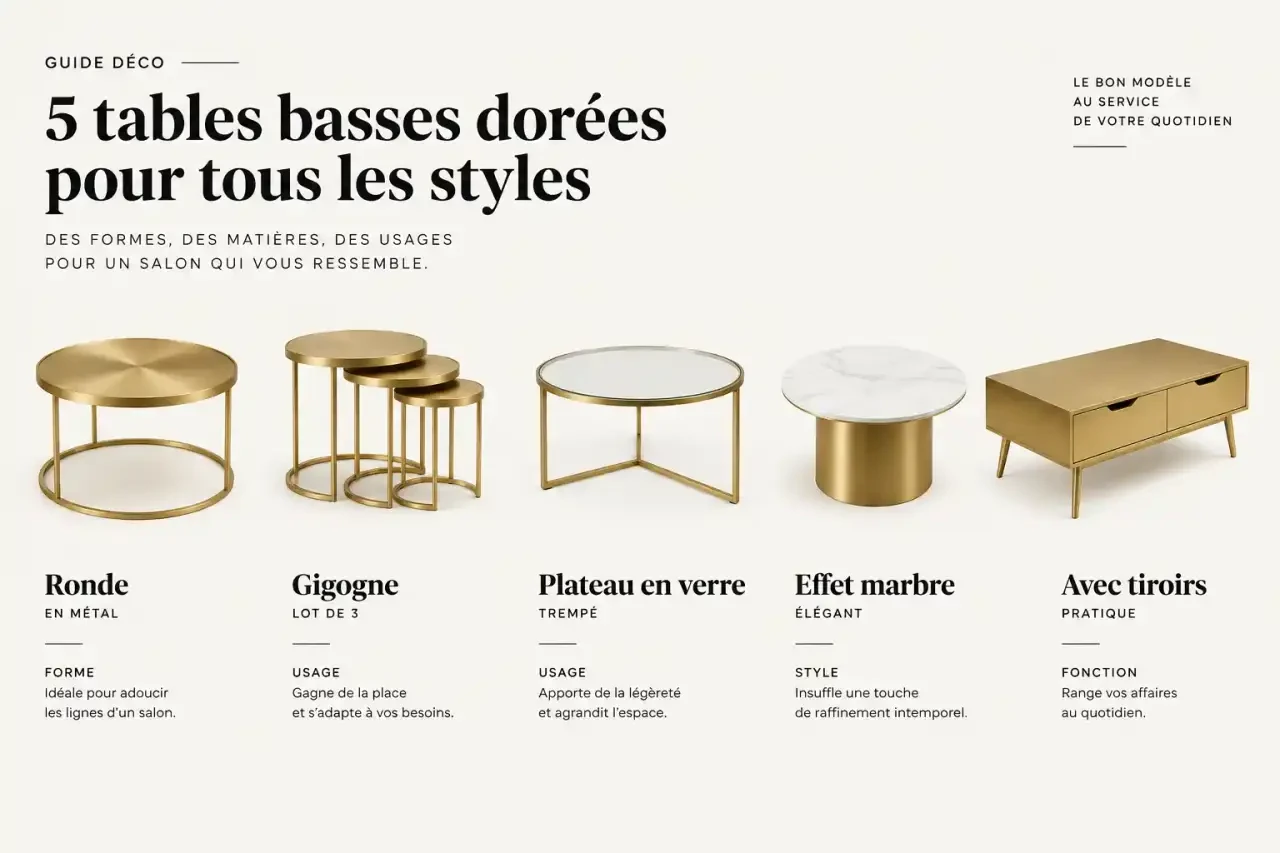 Comparaison visuelle des types de table basse dorée : ronde, gigogne, verre trempé, effet marbre et avec tiroirs