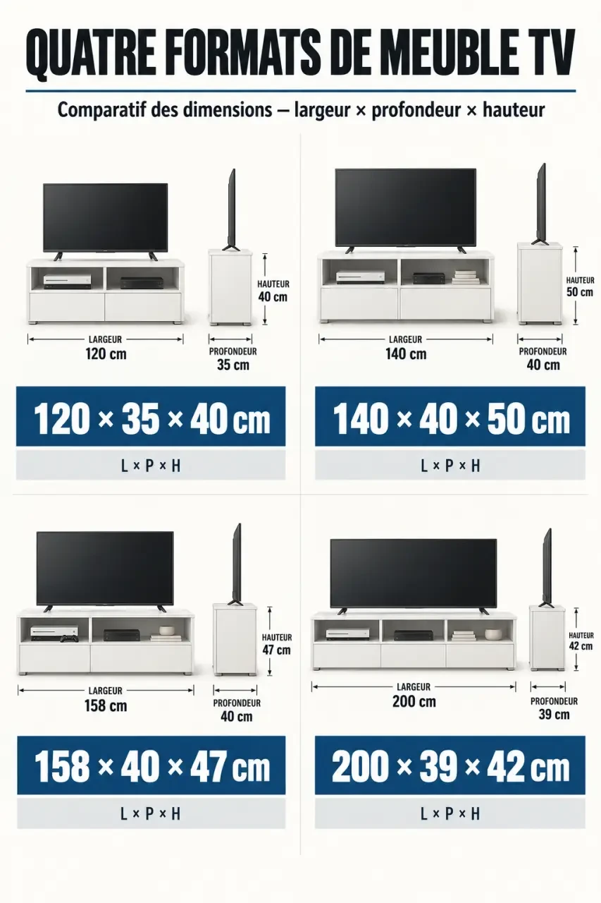 Infographie des dimensions d’un meuble TV en bois blanc et de la compatibilité avec l’installation