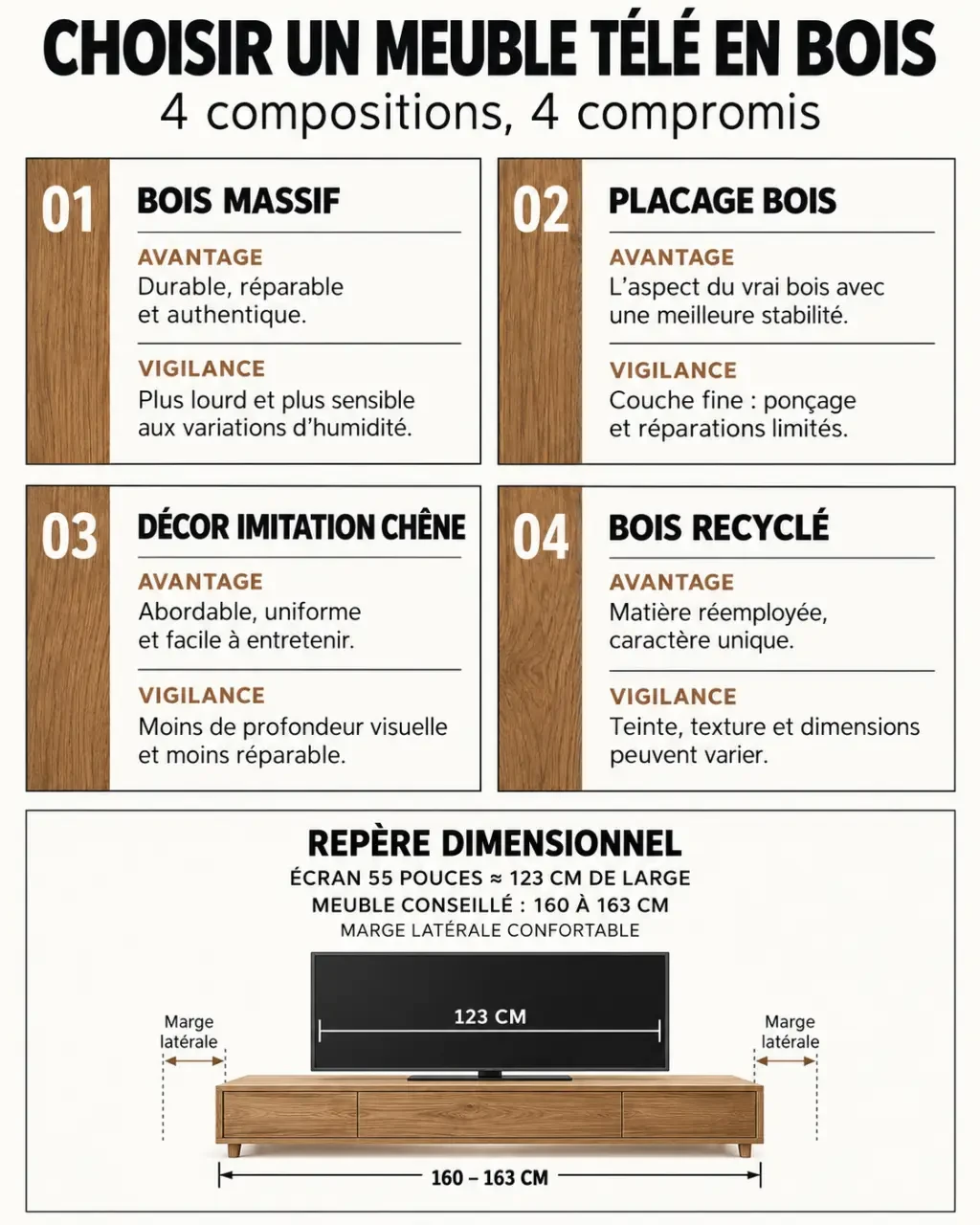 Infographie pour choisir un meuble tele en bois selon le matériau et la largeur de l’écran