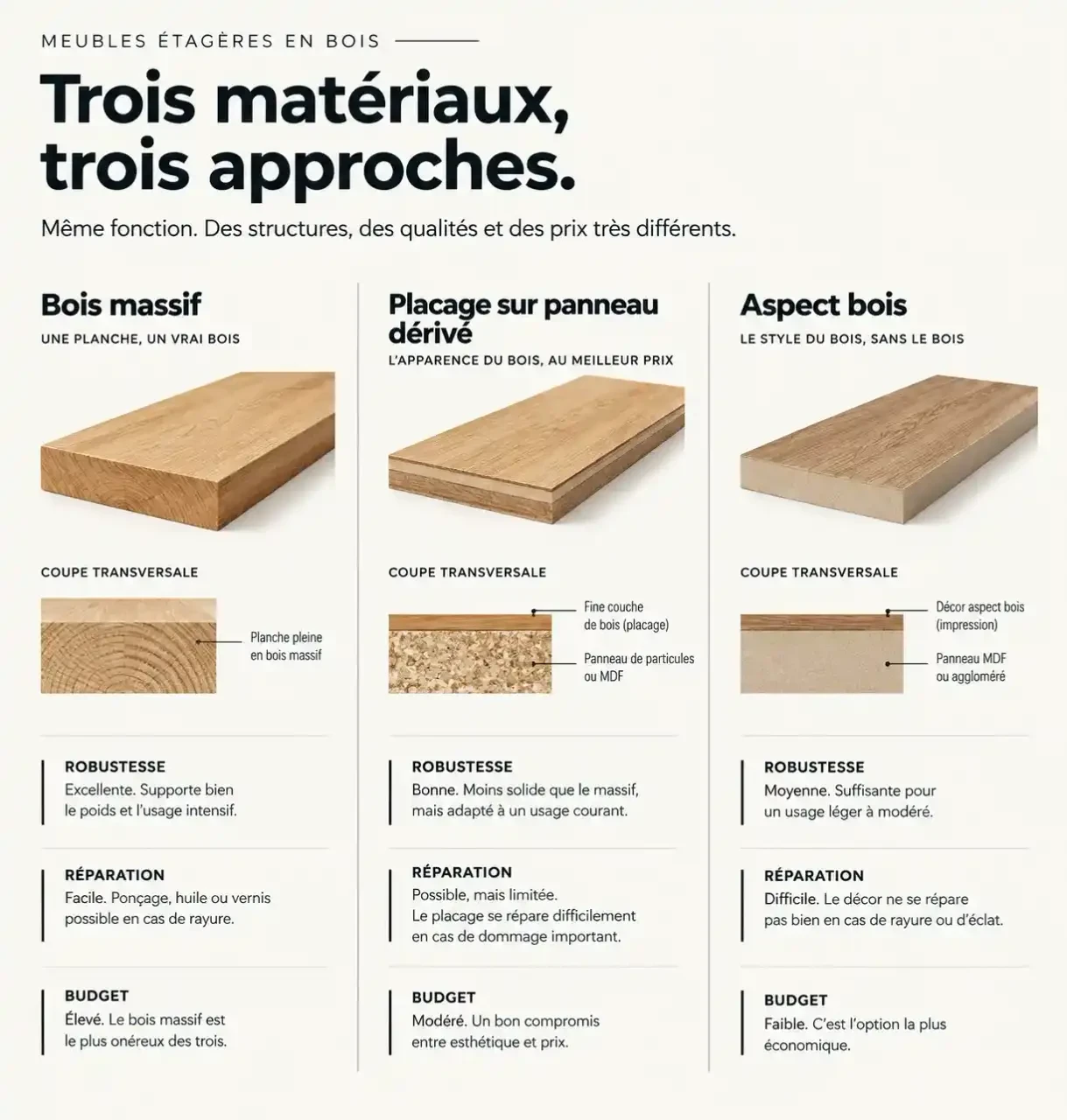 Meuble étagère en bois : comparaison du bois massif, du placage et du panneau aspect bois en coupe
