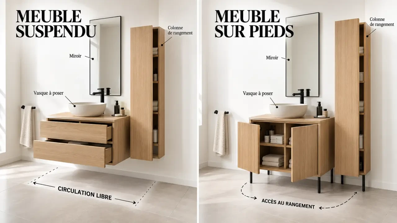 Meuble en bois salle de bain suspendu ou sur pieds avec vasque et rangements
