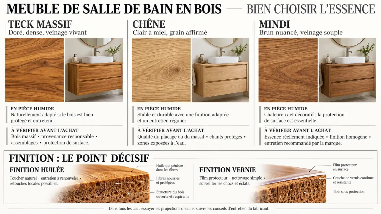 Infographie comparative sur le meuble en bois salle de bain, les essences et les finitions