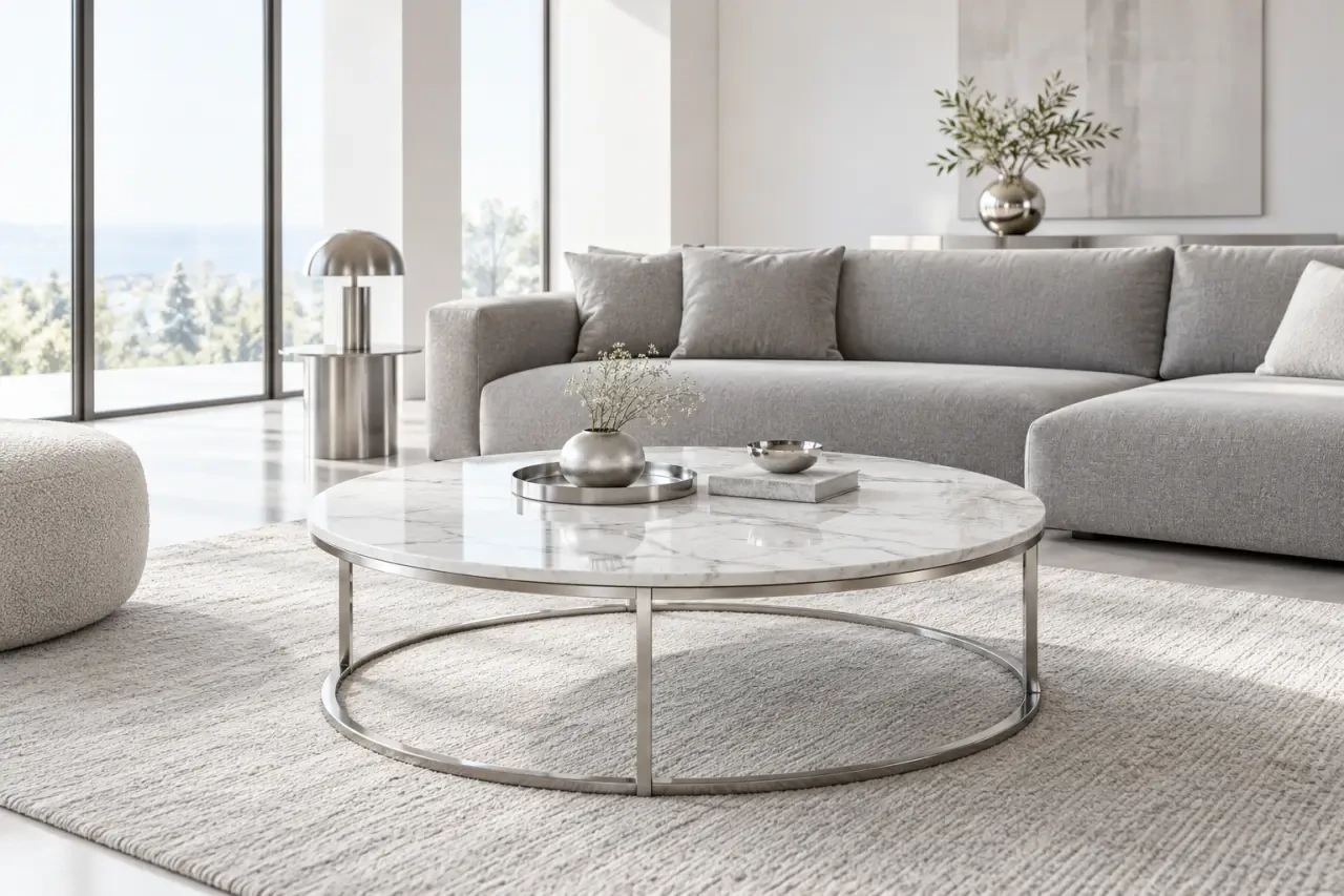 Table basse blanche ronde effet marbre dans un salon contemporain