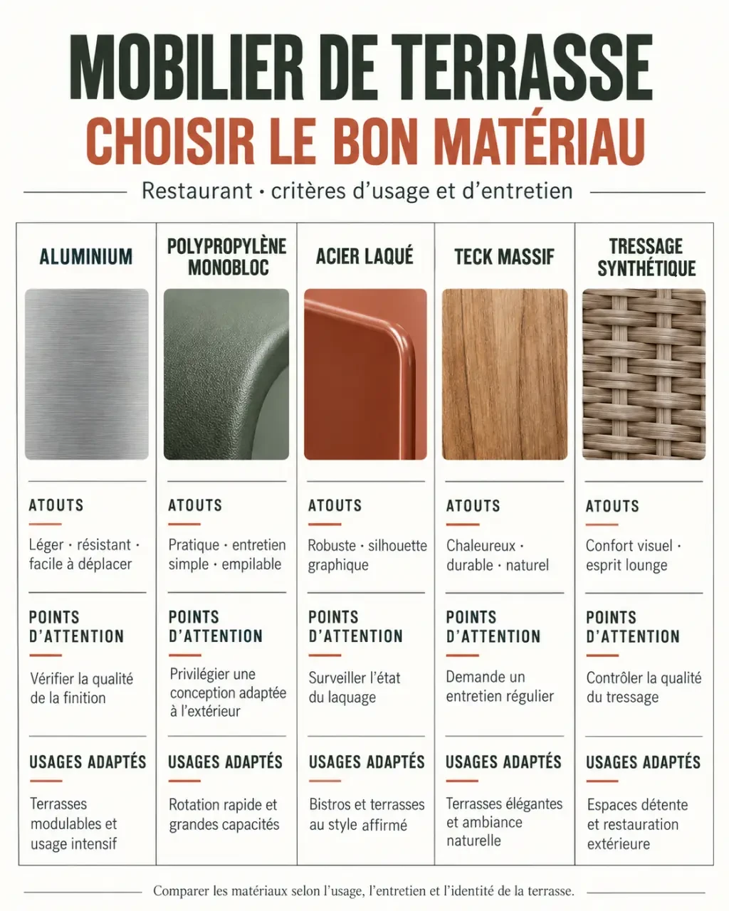 Infographie des matériaux pour choisir un mobilier terrasse restaurant