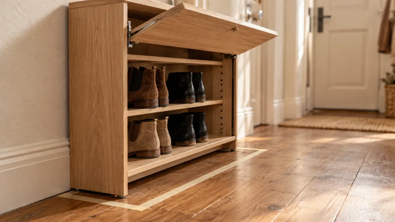 Meuble à chaussures en bois dans une entrée étroite, gain de place