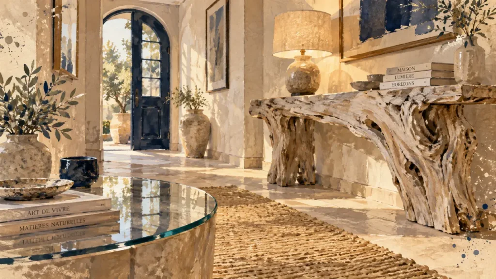 Le meuble en bois flotté apporte une touche naturelle, du luminaire au claustra sur mesure