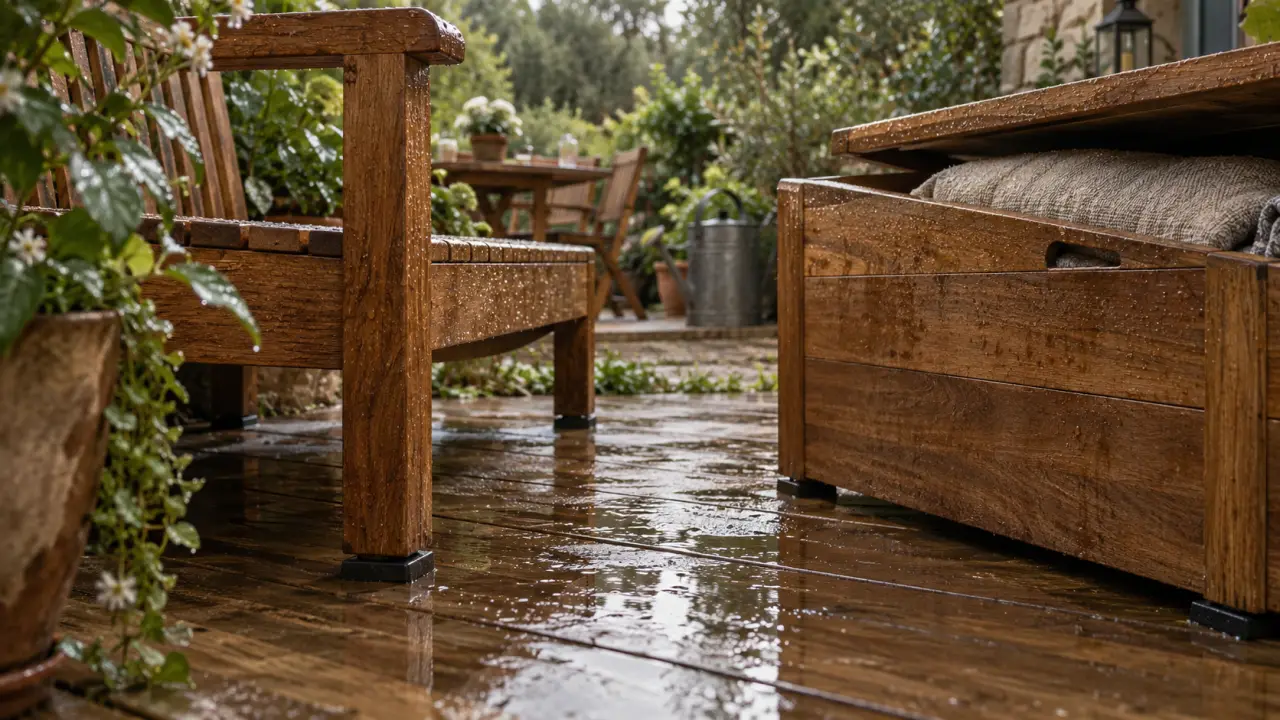 Meuble en bois pour exterieur : banc teck au sol, traces d’eau