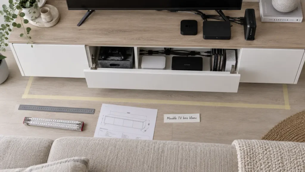 Meuble tv en bois blanc, plateau bois clair et finitions