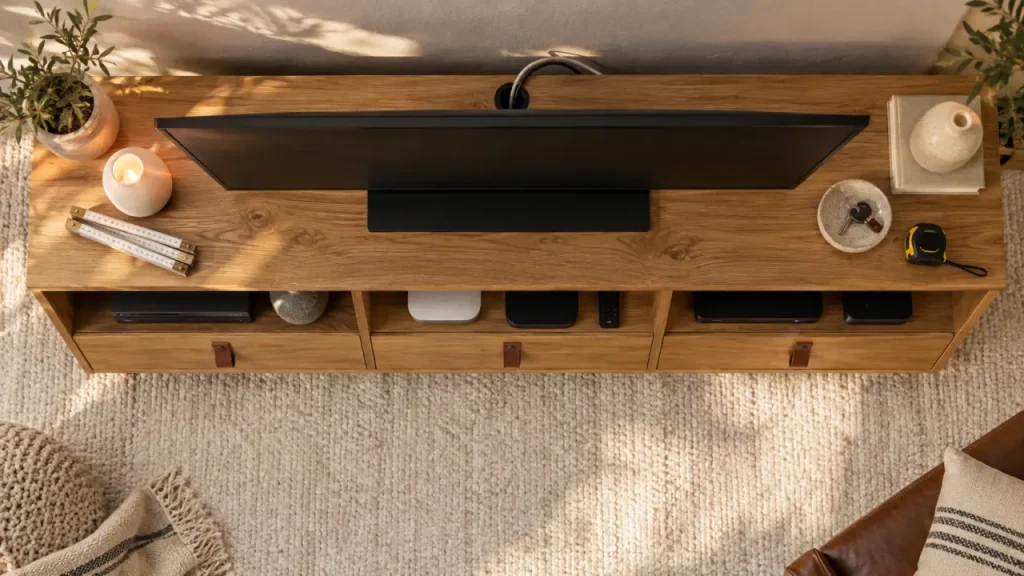 Le meuble TV en bois naturel structure le salon et range vos équipements