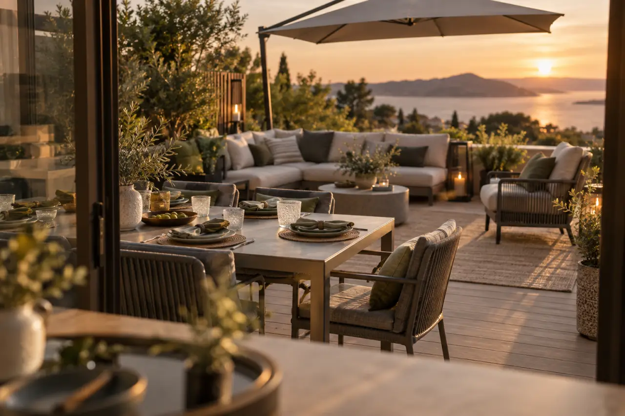 Mobilier exterieur design sur terrasse salon moderne, table aluminium, canapé et parasol