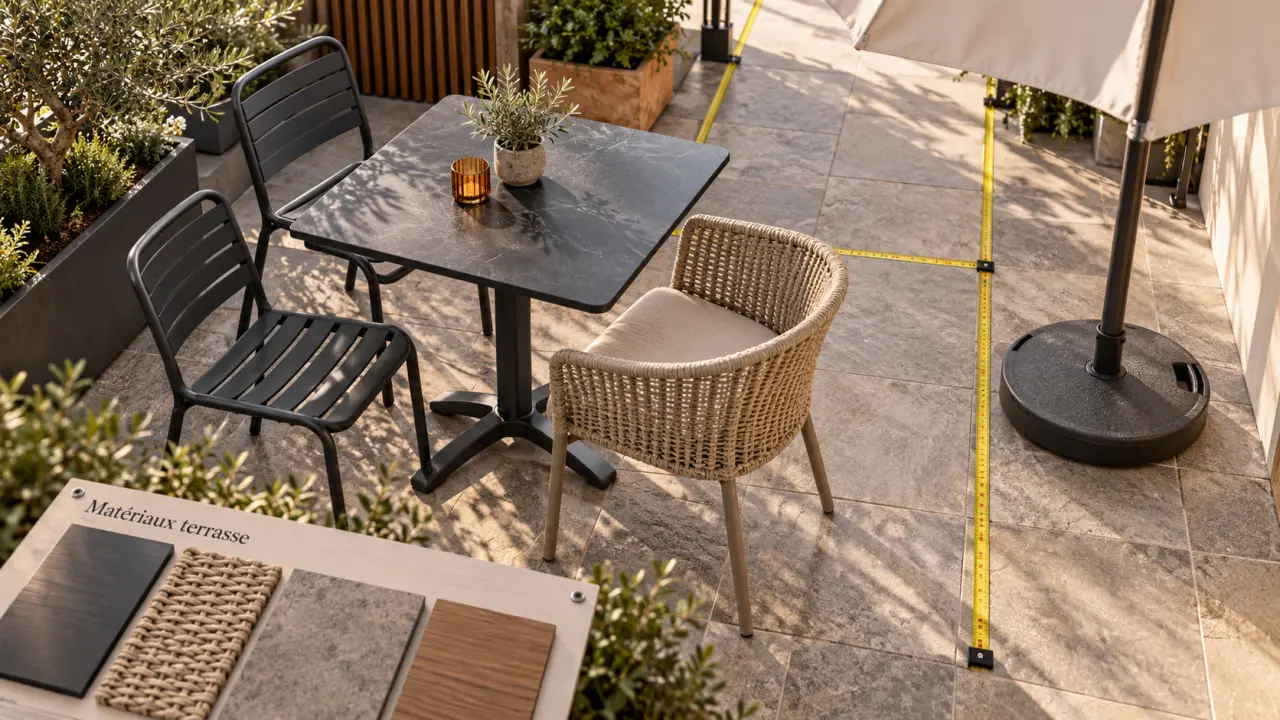 Mobilier terrasse restaurant : table et chaises sur terrasse